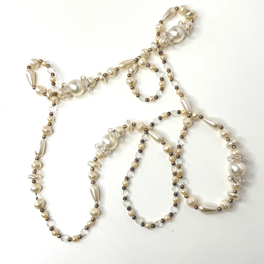 Vintage Faux Pearl Long Necklace Gold Colored Beads - Picture 4 of 6